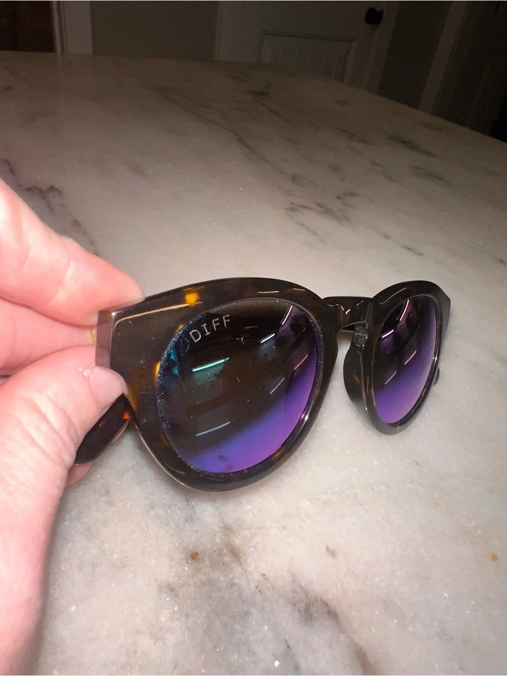 DIFF Tortoise Round Frame Sunglasses with Blue & Purple Mirrored Lenses